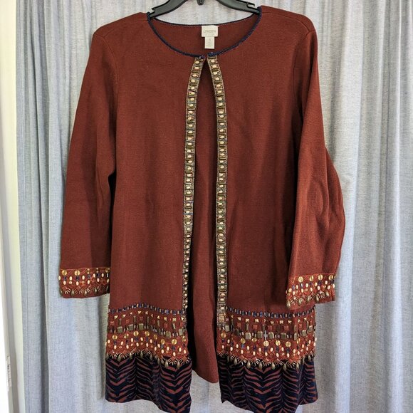 Chicos Cardigan Women's 3 Brown Knit Beaded Velvet Accent Boho Open Front Heavy - Picture 1 of 10